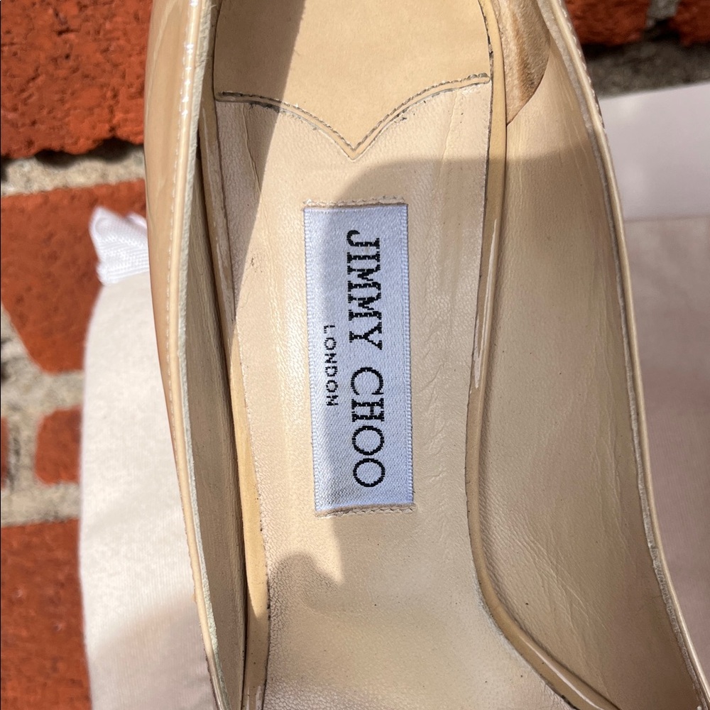Jimmy Choo Nude Patent Leather Peep Toe Heels - Picture 2 of 10